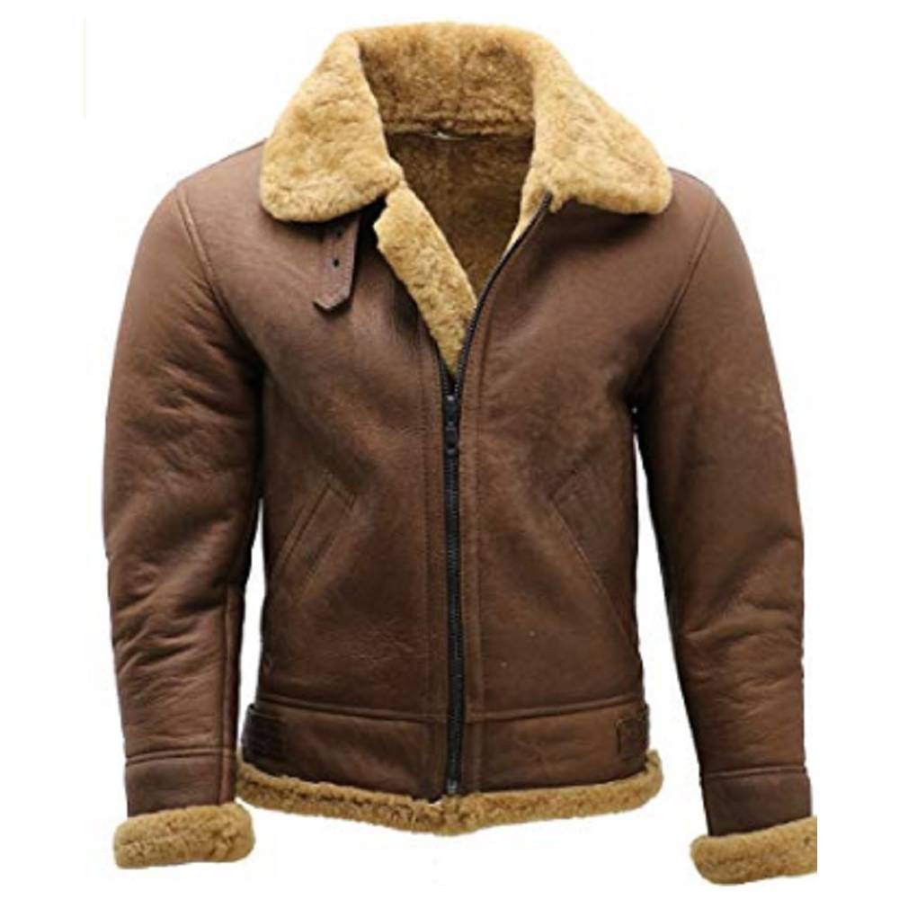 Men’s Real Leather Bomber Jacket with Faux Shearling Lining