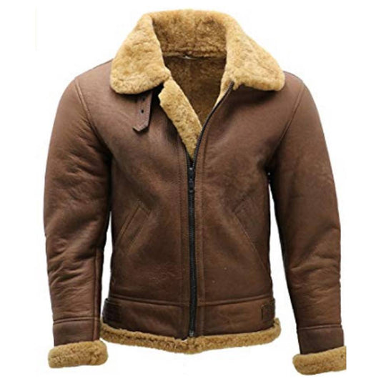 Men’s Real Leather Bomber Jacket with Faux Shearling Lining