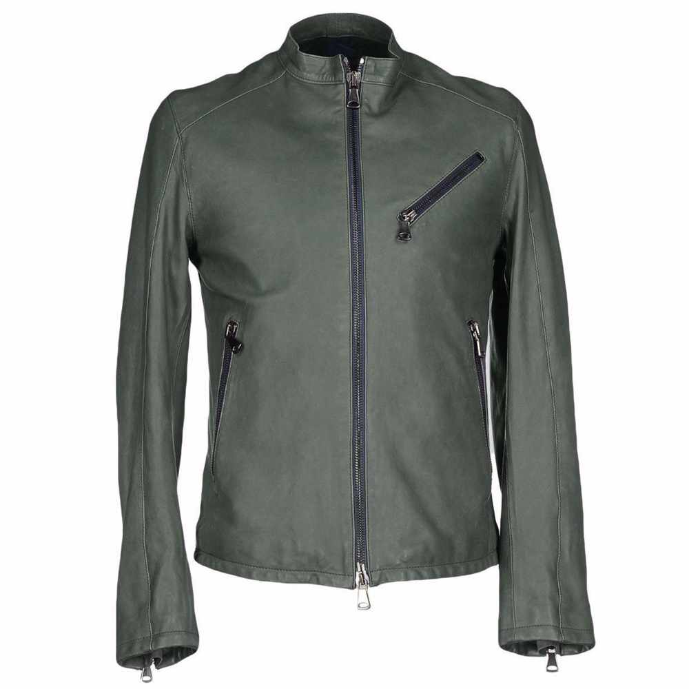 Mens Slim Fit Fashion Biker Leather Jacket in Army Green