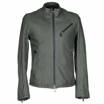 Mens Slim Fit Fashion Biker Leather Jacket in Army Green