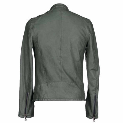 Mens Slim Fit Fashion Biker Leather Jacket in army green back