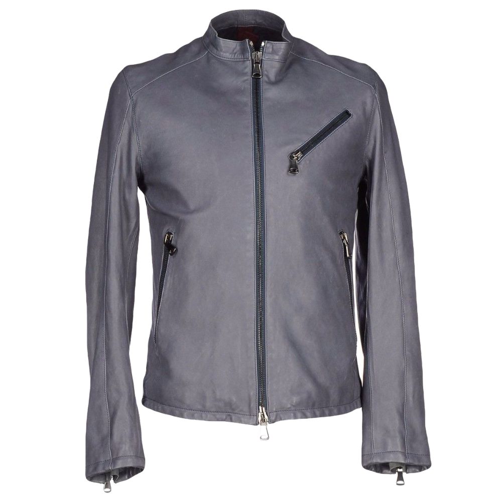 Mens Slim Fit Grey Leather Motorcycle Jacket