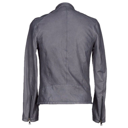 Mens Slim Fit Grey Leather Motorcycle Jacket Back