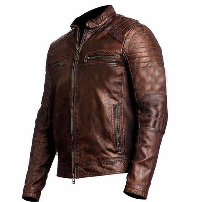 Men’s Slim Fit Vintage Waxed Leather Motorcycle Jacket Side view
