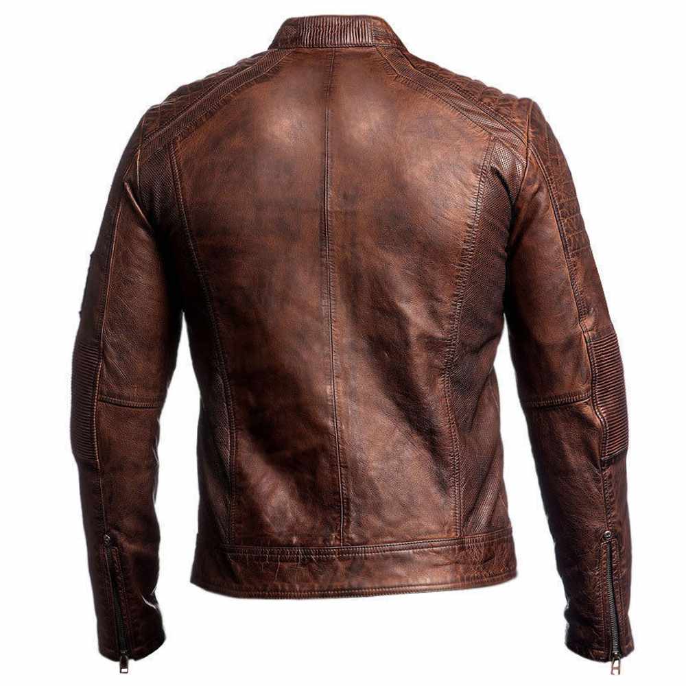 Mens Slim Fit Vintage Waxed Leather Motorcycle Jacket back view
