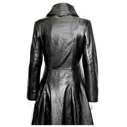 Midnight Black Long Length Fashion Leather Coat Women