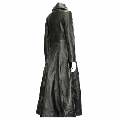 Midnight Black Long Length Fashion Leather Coat Women