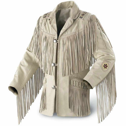 Native American Beige Suede Fringe Bone Leather Jacket
