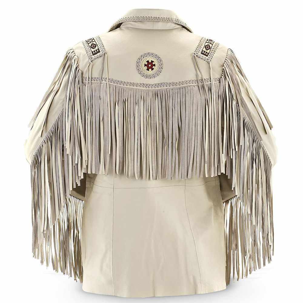 Native American Beige Suede Fringe Bone Leather Jacket in back view