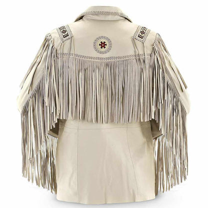 Native American Beige Suede Fringe Bone Leather Jacket in back view