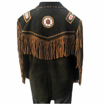 Native American Black Suede Fringe Western Leather Jacket backview