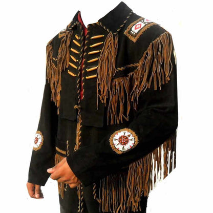 Native American Black Suede Fringe Western Leather Jacket sideview