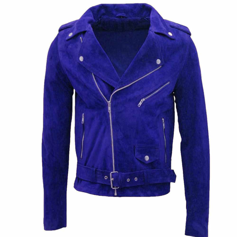 Native American Suede Leather Motorcycle Jacket in Blue