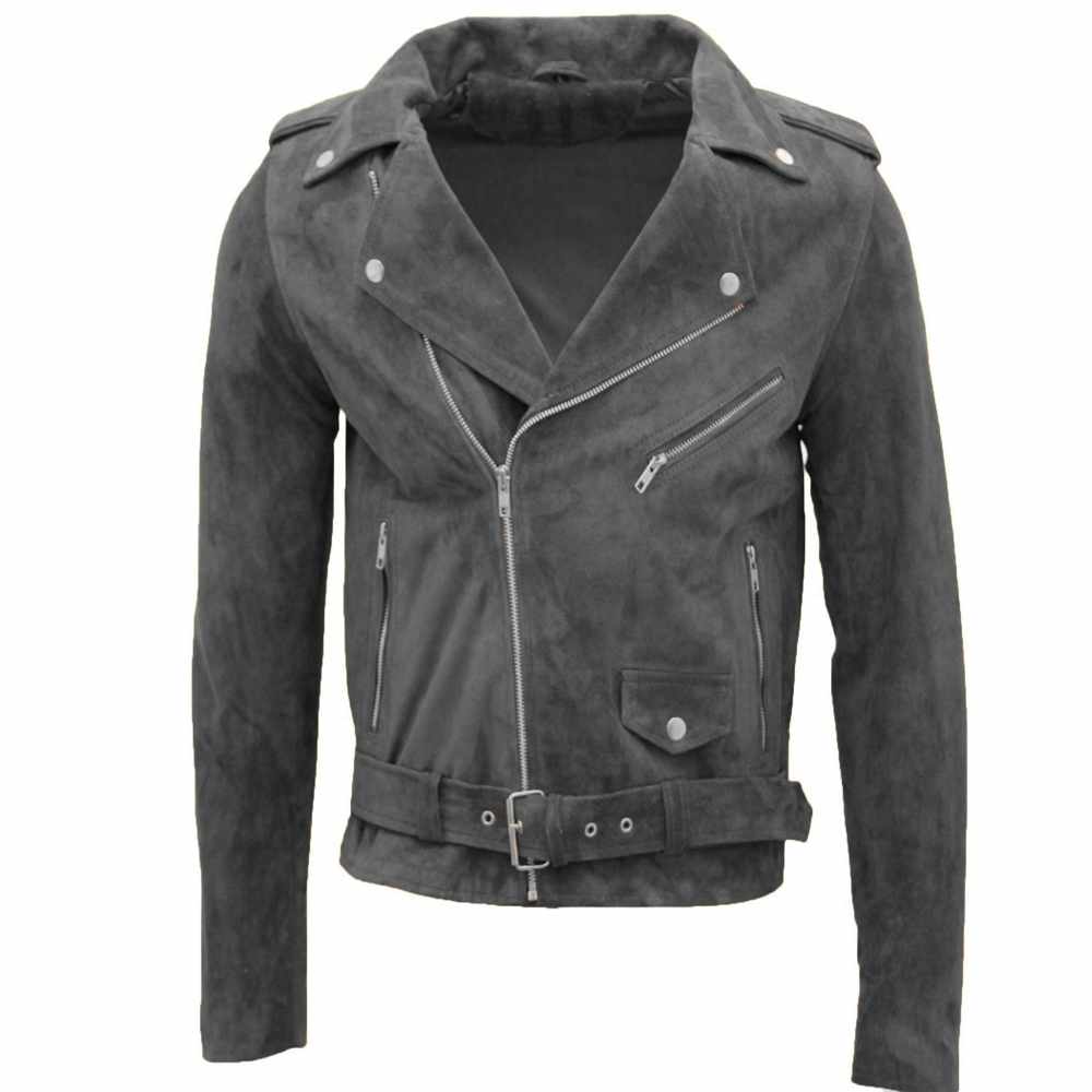 Native American Suede Leather Motorcycle Jacket in Gray