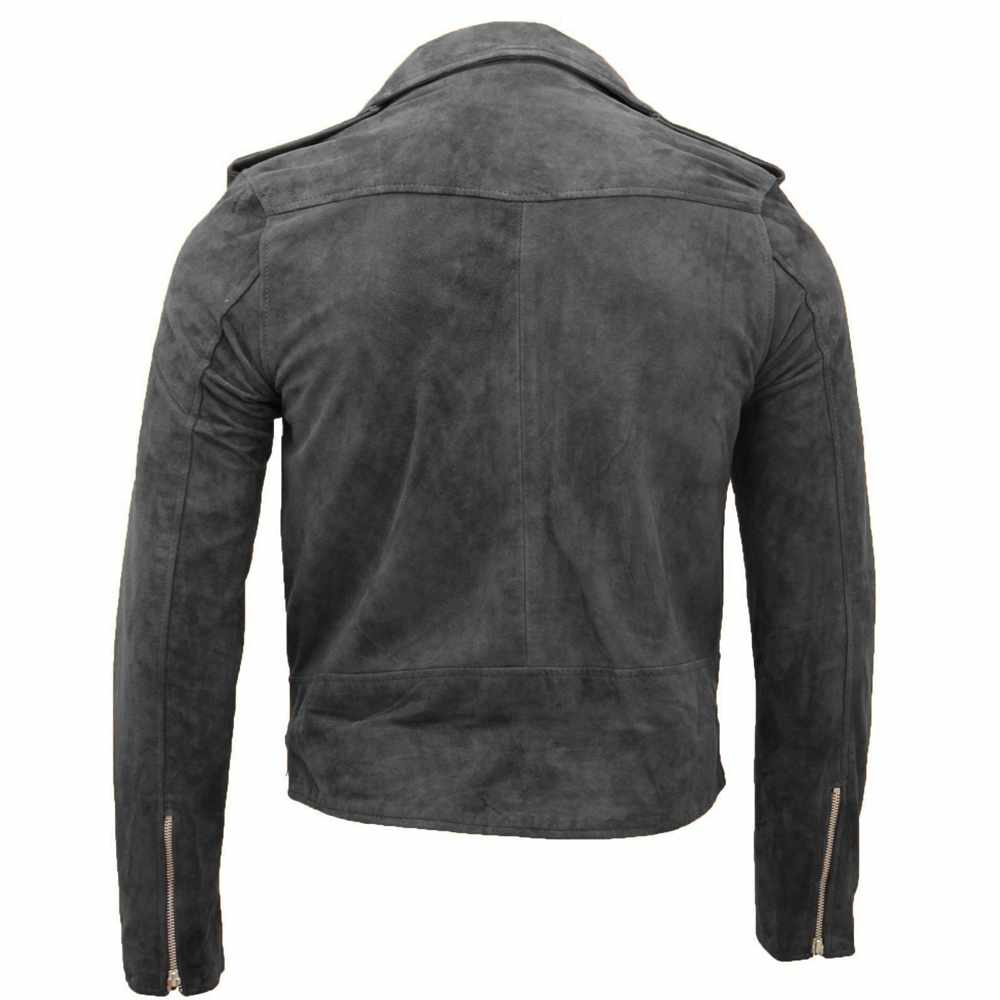 Native American Suede Leather Motorcycle Jacket in Gray Back