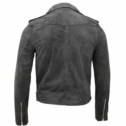 Native American Suede Leather Motorcycle Jacket in Gray Back