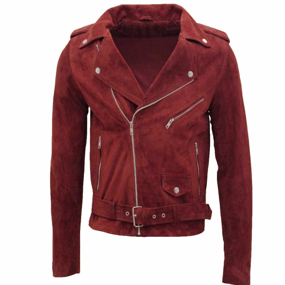 Native American Suede Leather Motorcycle Jacket in Red Front