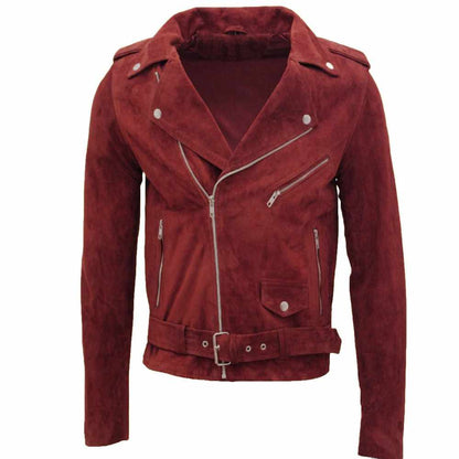 Native American Suede Leather Motorcycle Jacket in Red Front
