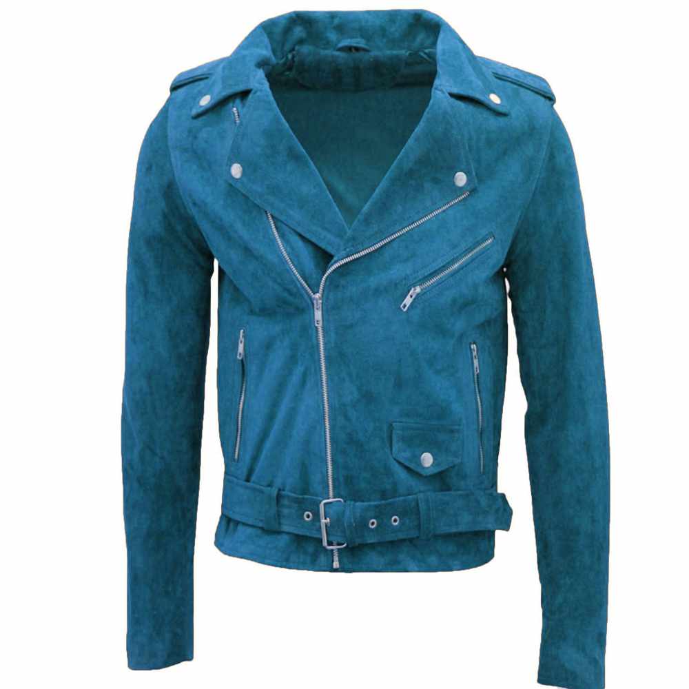 Native American Suede Leather Motorcycle Jacket in Sky Blue