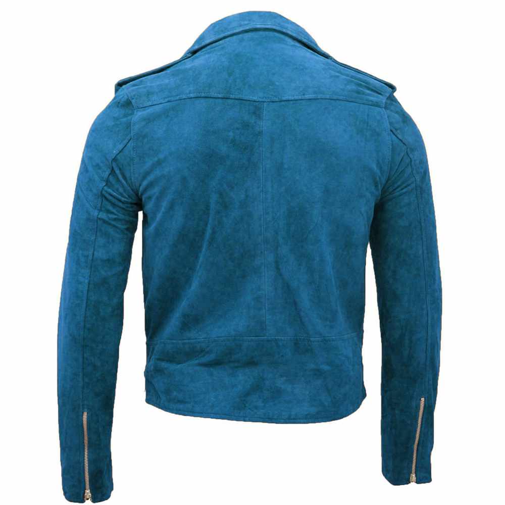 Native American Suede Leather Motorcycle Jacket in Sky Blue Back