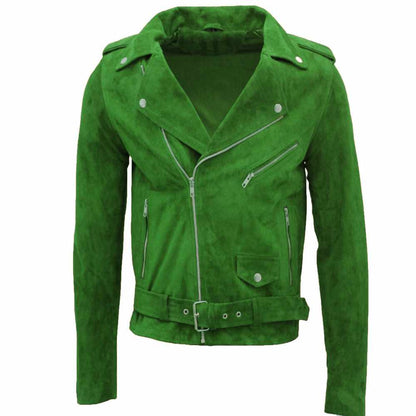 Native American Suede Leather Motorcycle Jacket in green front