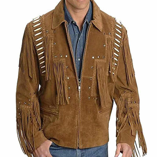 Native American Tan Suede Beaded Fringe Leather Jacket