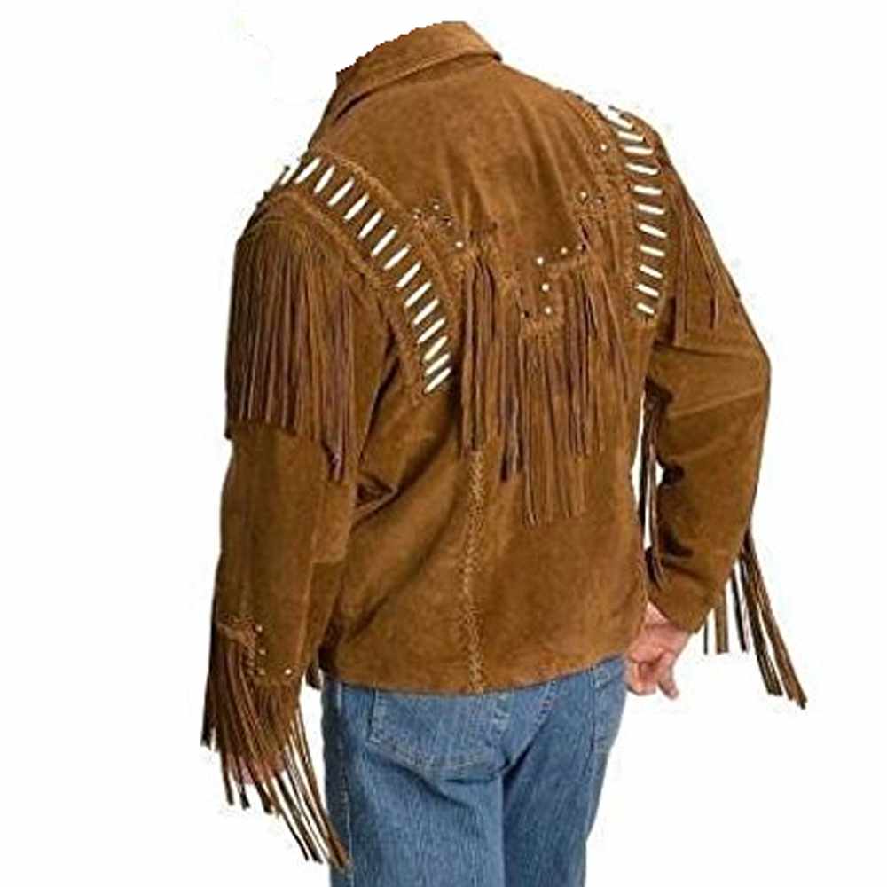 Native American Tan Suede Beaded Fringe Leather Jacket