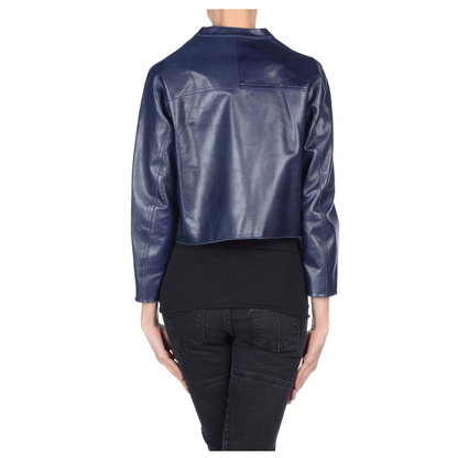 Navy Blue Women Biker Leather Jacket backview