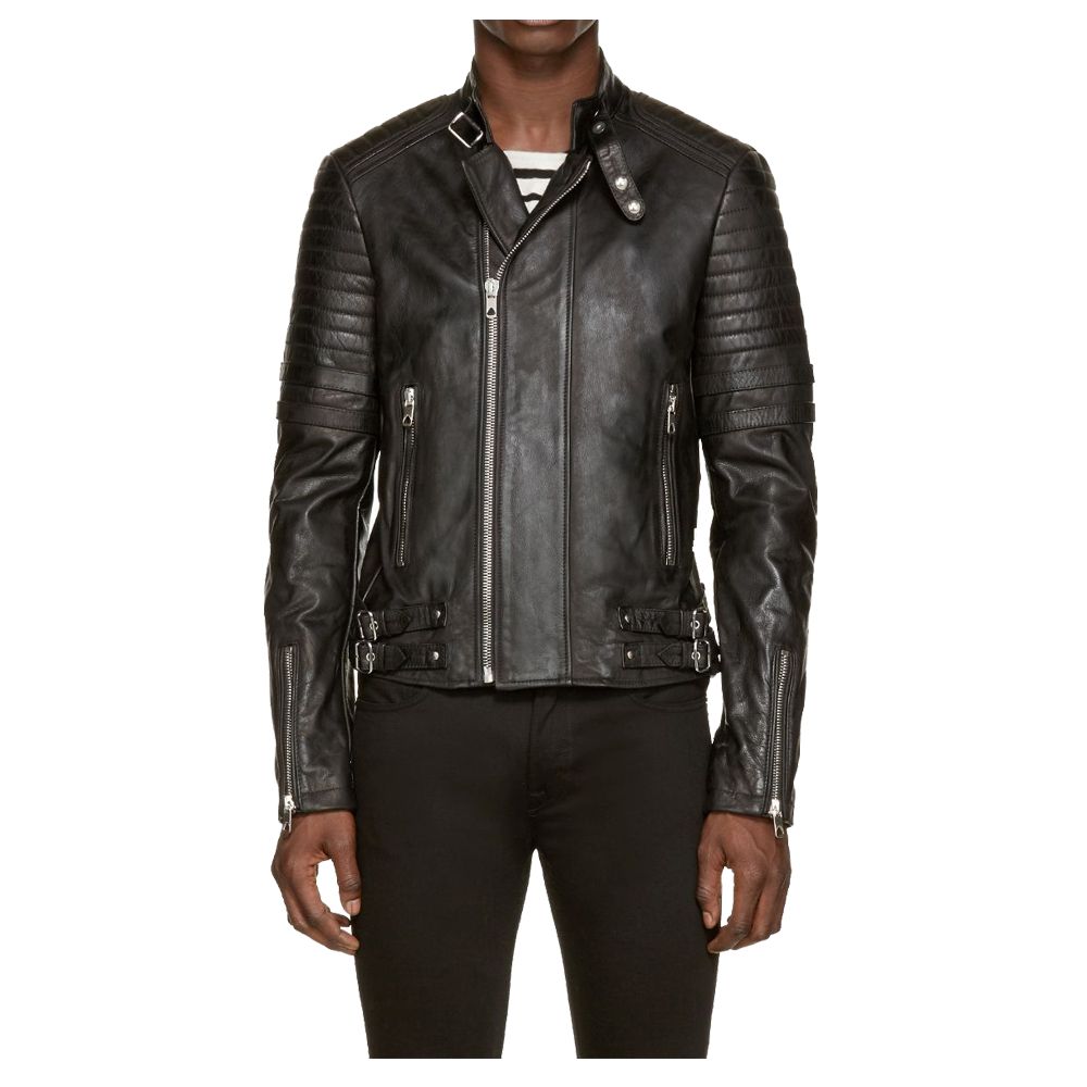 Neck Belt Moto Racer Leather Jacket