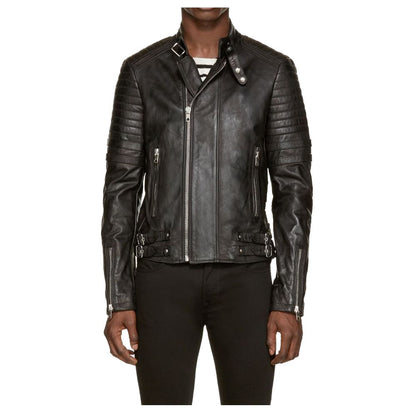 Neck Belt Moto Racer Leather Jacket