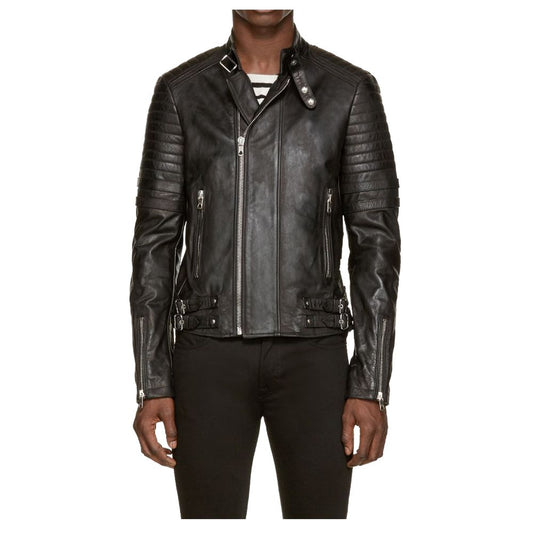 Neck Belt Moto Racer Leather Jacket