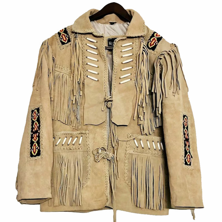 New Men's Native American Suede Leather Jacket With Fringe And Beads Coat