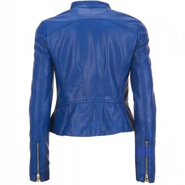 New Women's Blue Leather Motorcycle Jacket