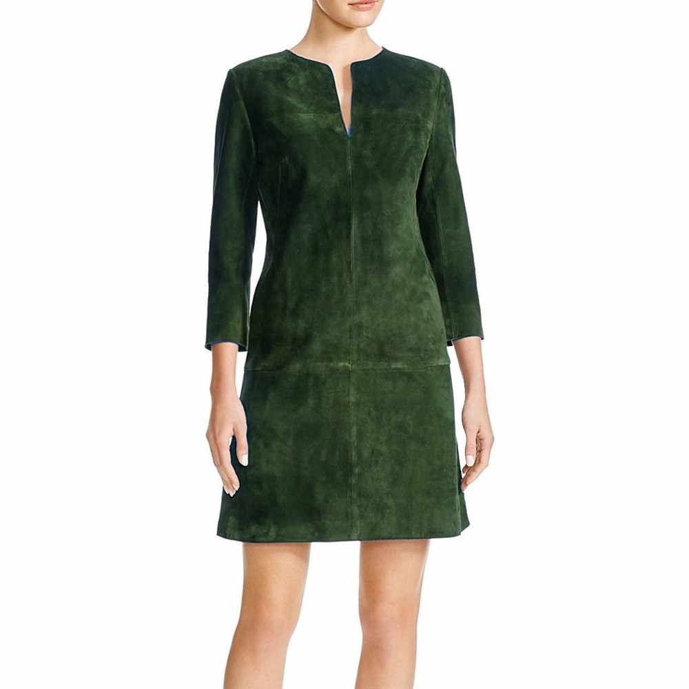 Nubuck Leather Mini Party Dress For Women in green