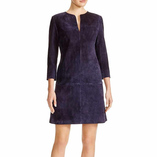 Nubuck Leather Mini Party Dress For Women in purple