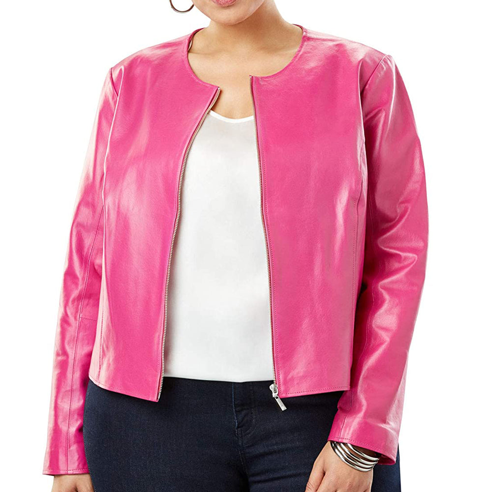 Plus Size Women Pink Leather Jacket