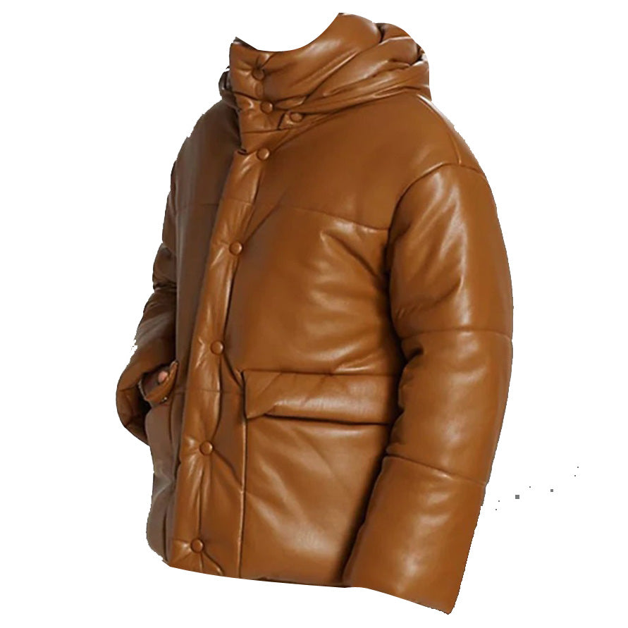 Men's Puffer Leather Bomber Jacket in Brown - Main Image