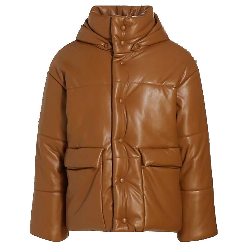 Men's Puffer Leather Bomber Jacket in Brown