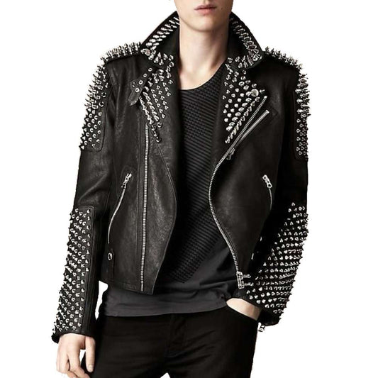 Punk Men Studded Silver Spikes Genuine Leather Jacket