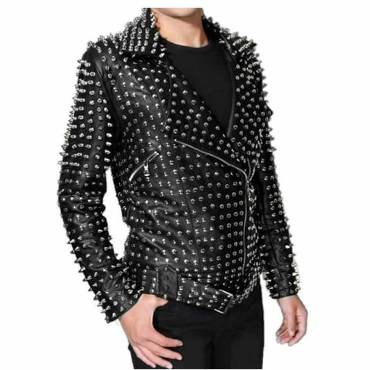 Punk Rock Silver Studded Brando Black Leather Jacket Men