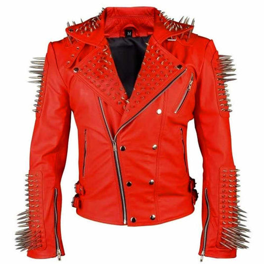 Punk Studded Spikes Biker Red Leather Fashion Jacket
