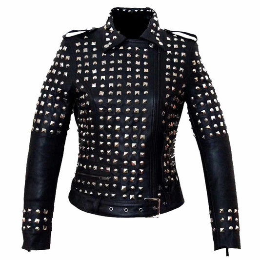 Women’s Studded Black Biker Leather Jacket