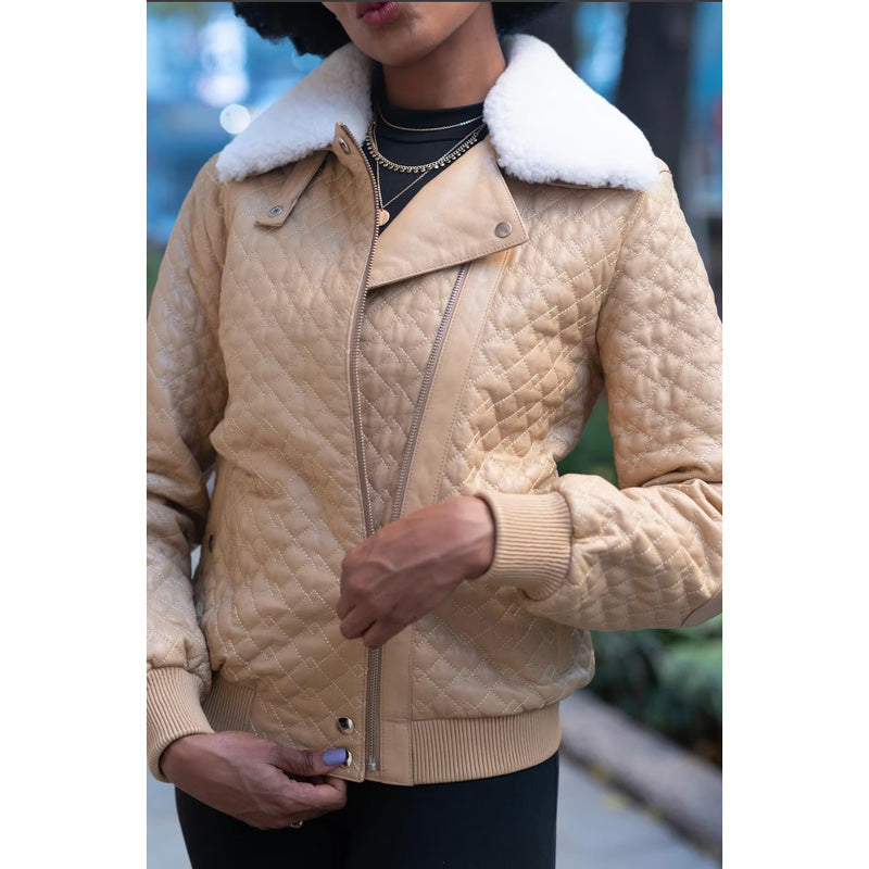 Women Quilted Leather Jacket with Shearling Collar