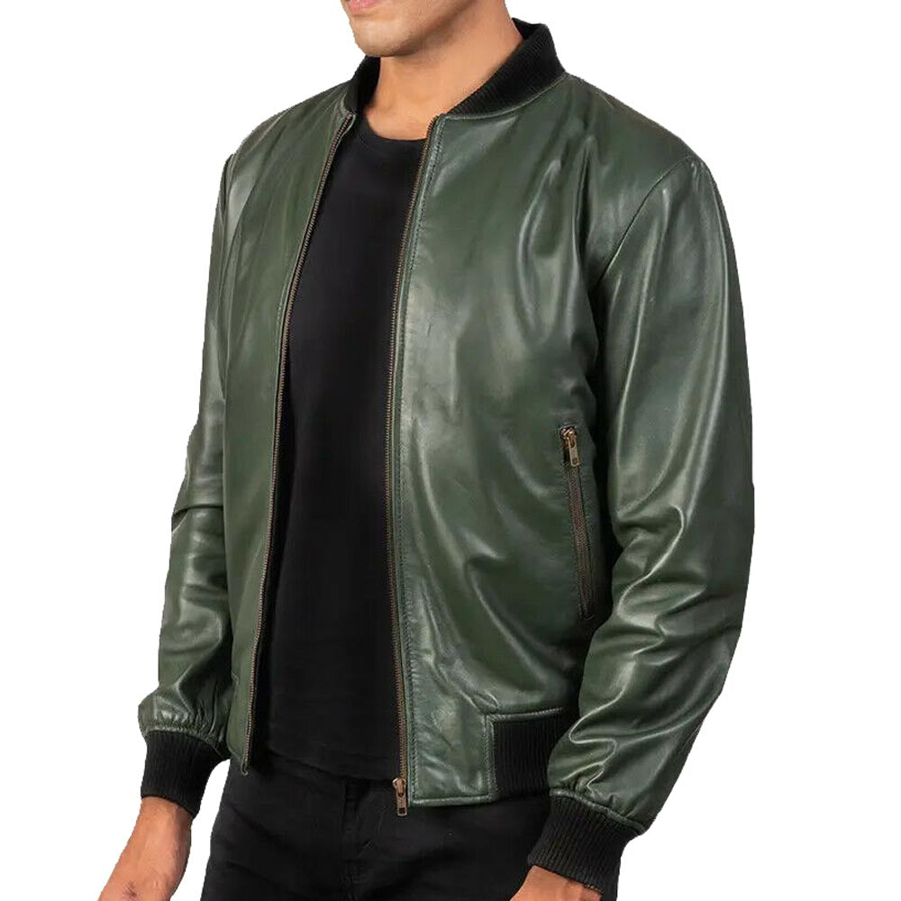 Real Leather Motorcycle Bomber Jacket In Green