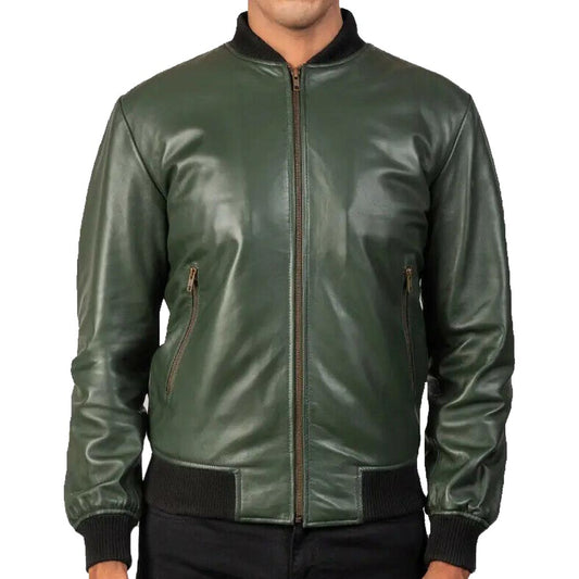 Real Leather Motorcycle Bomber Jacket In Green
