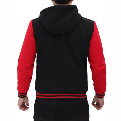 Red And Black Baseball Hooded Varsity Jacket
