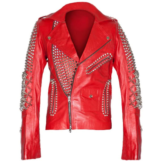 Red Leather Studded Biker Jacket for Women
