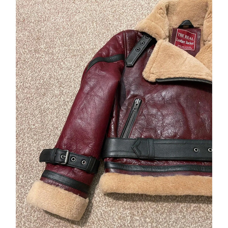 Red-Wine Cropped Style Fur Leather Coat Women