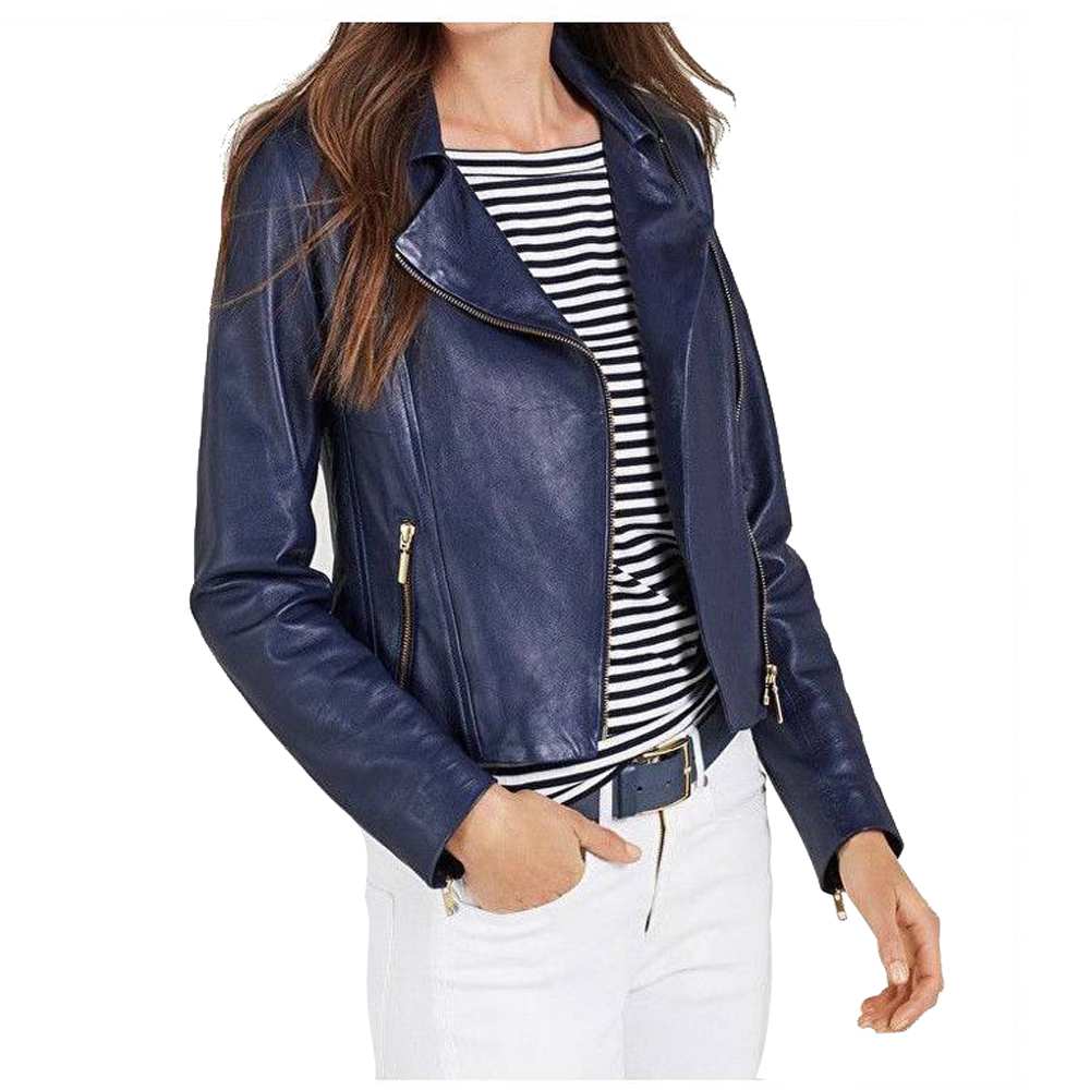 Ruth Langsford Blue Leather Motorcycle Jacket for Women