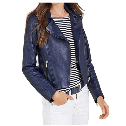 Ruth Langsford Blue Leather Motorcycle Jacket for Women